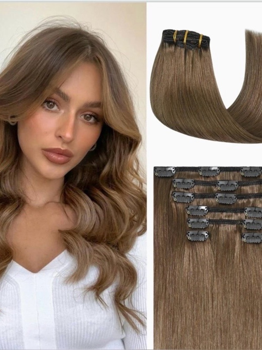 Clip in Human Hair Extensions 70g 7pcs 20I Inch Ash Brown Color #8 New